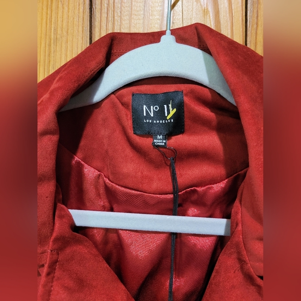 Women's Red Faux Suede Jacket with Quilted Sleeves - Picture 3 of 12
